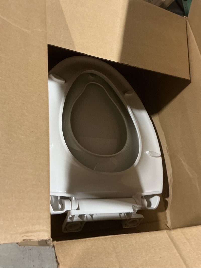 Condition photo showing As Is for Elongated Toilet Seat With Toddler Seat,PP Material Family Toilet Seat Cover with Adult and Toddler Seat, Soft Close Design, Easy to Clean, Safe for Home Kids Potty Training White Elongated