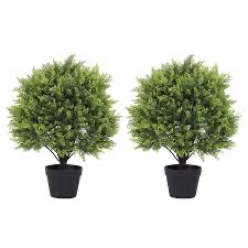2ft Artificial Cedar Topiary Ball Trees Outdoor, 24" UV Resistant Faux Potted Plants Outside, Realis