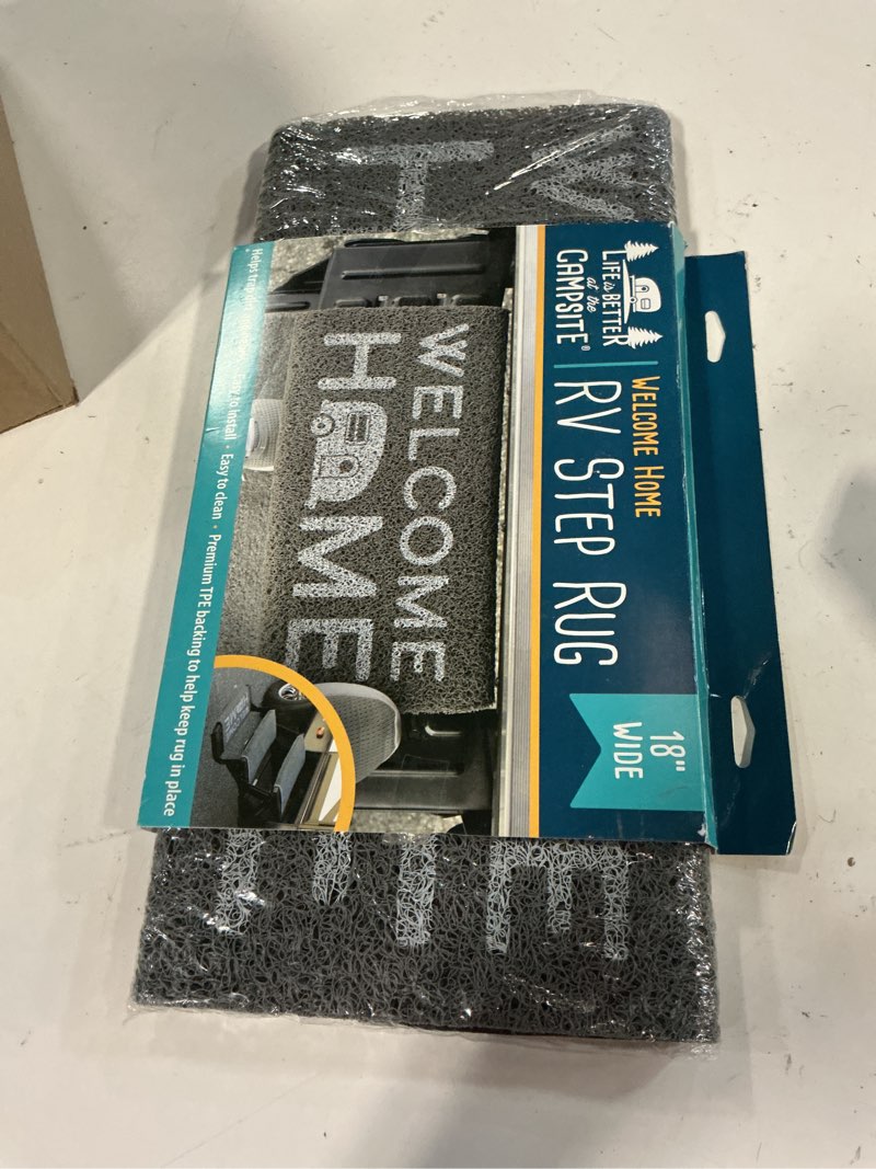 Condition photo showing New/Like New for camco life is better at the campsite camper/rv wrap around step rug - easy clean material w/”welcome home” design - no tools required - fits 18” (w) steps - works w/manual or electric steps (53196) 1" x 1" (rectangular)