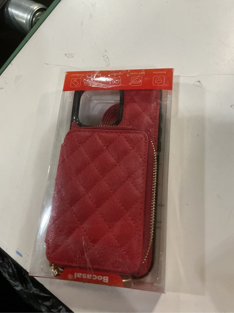 Condition photo showing Good Condition for Bocasal Crossbody Wallet Case for iPhone 15 Pro Max, RFID Blocking PU Leather Zipper Handbag Purse Flip Cover, Kickstand Folio Case with Card Slots Holder Wrist Strap Lanyard 5G 6.7 Inch (Red)
