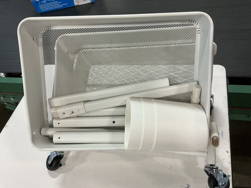 Condition photo showing As Is for (incomplete )3-tier folding rolling utility cart with wheels, foldable storage cart organizer with 3 hanging cups & 6 hooks for kitchen, office, living room, nursery(white)
