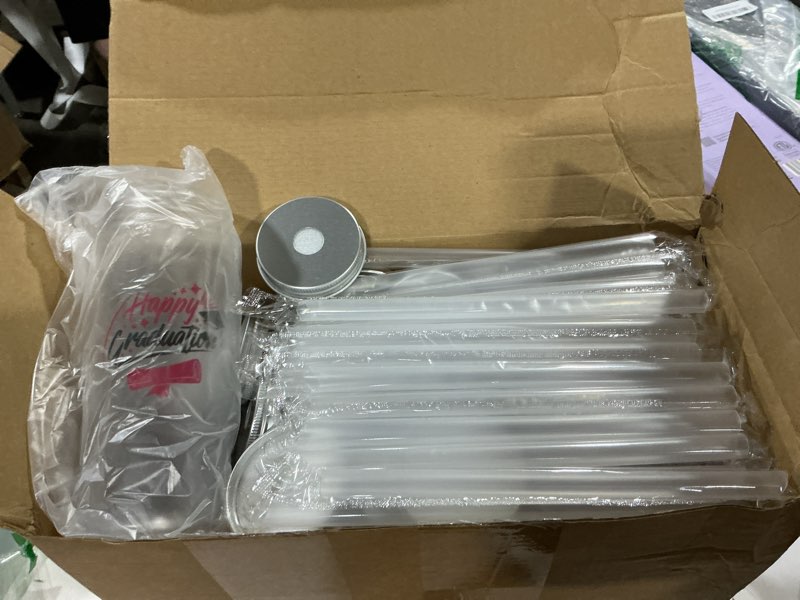 Condition photo showing Good Condition for jingmore 24 pcs graduation cups with straws bulk 13.5 oz class of 2026 plastic mason jars reusable tumbler coffee tea hot cocoa beverage happy graduation tumbler for congrats grad party gifts(red) red 24