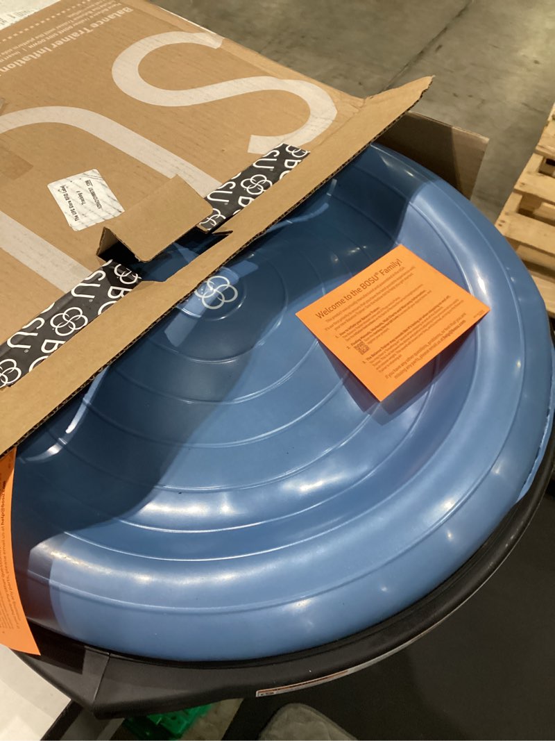Condition photo showing Good Condition for bosu balance ball exercise trainer, home gym equipment w/ guided workouts & pump, 26", blue - inflatable fitness platform for strength training, standing, balancing, and core workout light blue/black