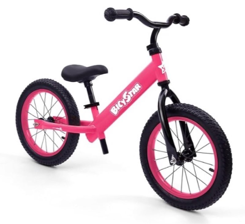 Bicystar 14 Inch Balance Bike for Kids 3-6 Year Old, No Pedals, Air Rubber Tires, Adjustable Height, Pedalless Bicycle for Boys, Girls, Pink