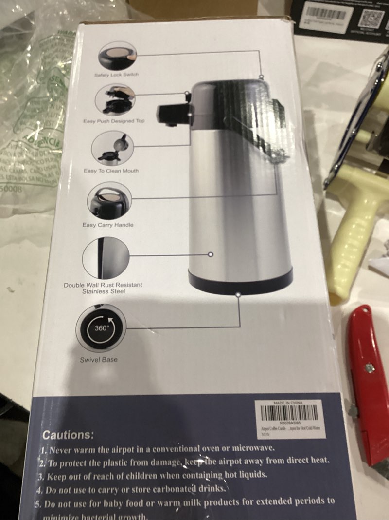 Condition photo showing As Is for Airpot Coffee Carafe for Keeping Hot,102oz/3L Coffee Dispenser Thermal with Pump,Insulated Stainless Steel Hot Beverage Dispenser for Parties,Thermal Carafe for Hot Drinks Water Tea Chocolate Press Pump
