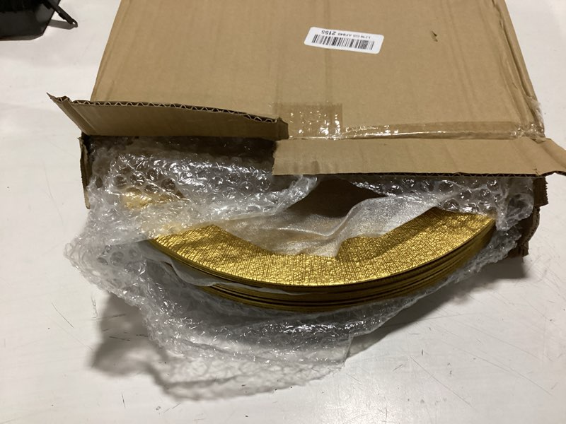 Condition photo showing As Is for 13 inch gold charger plates, round reef pattern, plastic, set of 12, for dinner plates, wedding decor, table setting (irregular)