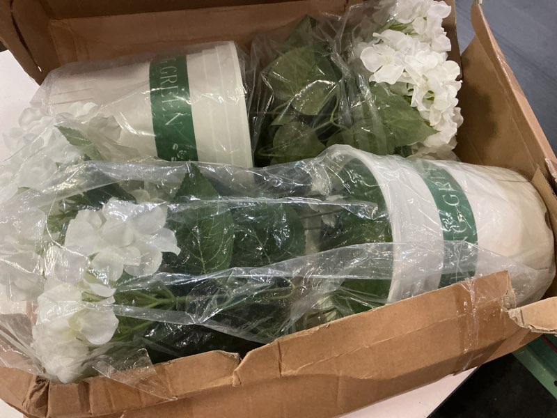 Condition photo showing Good Condition for suncalla 2 pack artificial hydrangea flowers in pot, 20 inch faux silk hydrangea arrangement, gradient purple potted fake flowers for table centerpiece, home, wedding, entryway decor(white)