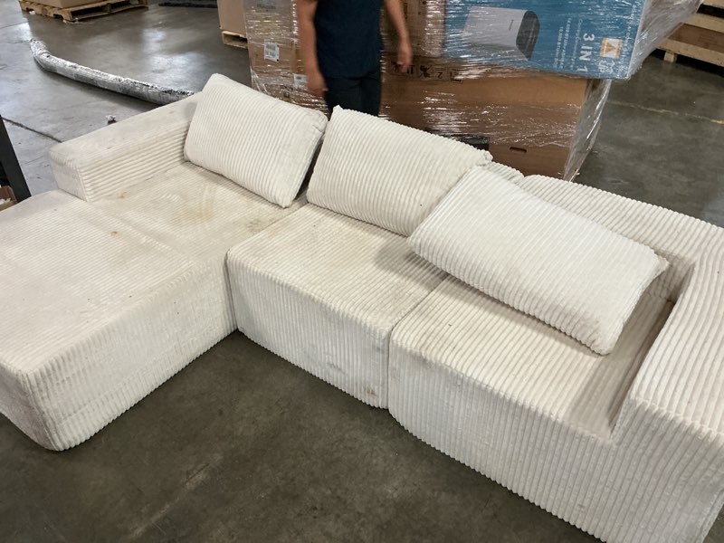 Condition photo showing As Is for opiesit 108" boneless couches for living room, modular sectional sofa with oversized chaise, l-shape cloud couch with deep seat, high-density memory foam, no assembly required, plush corduroy beige