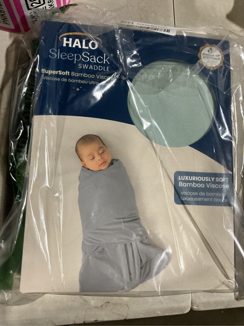 Condition photo showing New/Like New for halo sleepsack supersoft swaddle, cozy bamboo viscose, 3-way adjustable swaddle, 2 way zipper, 2 tog calm sage newborn (pack of 1)