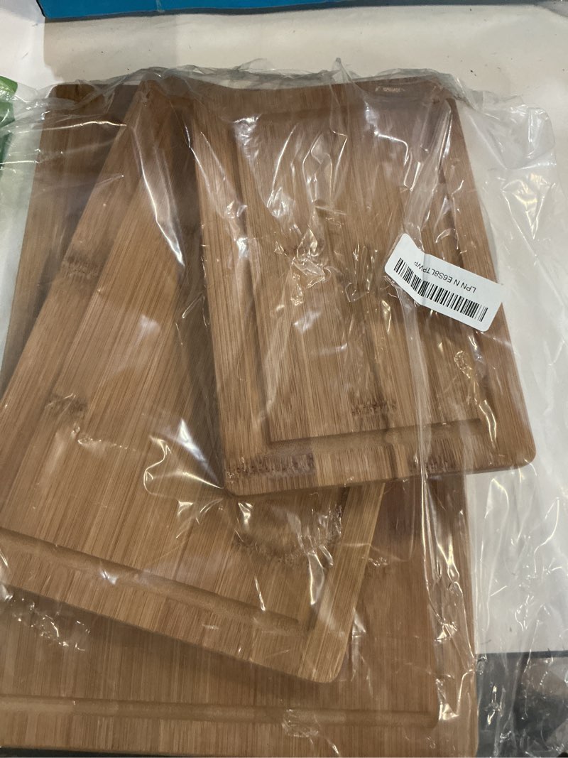Condition photo showing As Is for 3-piece set bamboo cutting board for kitchen - crack-resistant wood chopping boards with deep juice grooves, pre-oiled butcher block for meat, vegetables & cheese, carbonized carbonized 3-piece
