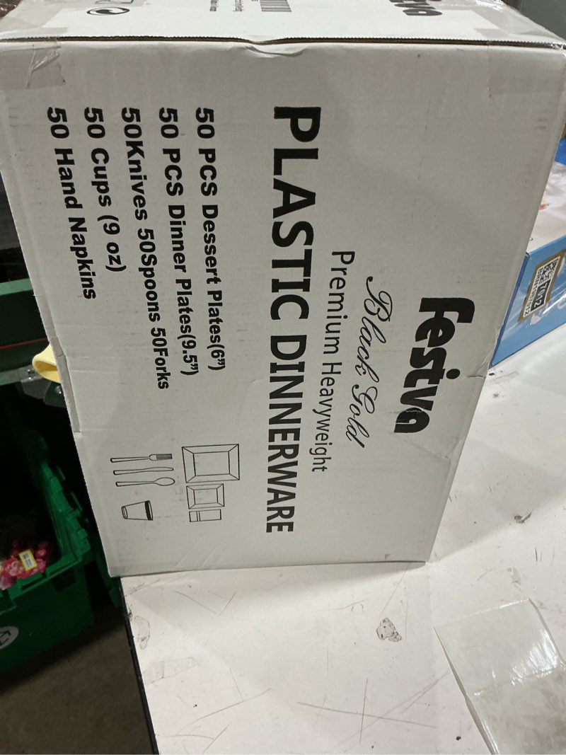 Condition photo showing Good Condition for Festiva 350Pcs Black and Gold Plastic Plates-50Guests Disposable Square Black Dinnerware Set include 100 Plastic Plates,50Cups,150Plastic Cutlery,50Napkins for Party &Wedding&New Year 50 Guests Square Black Gold