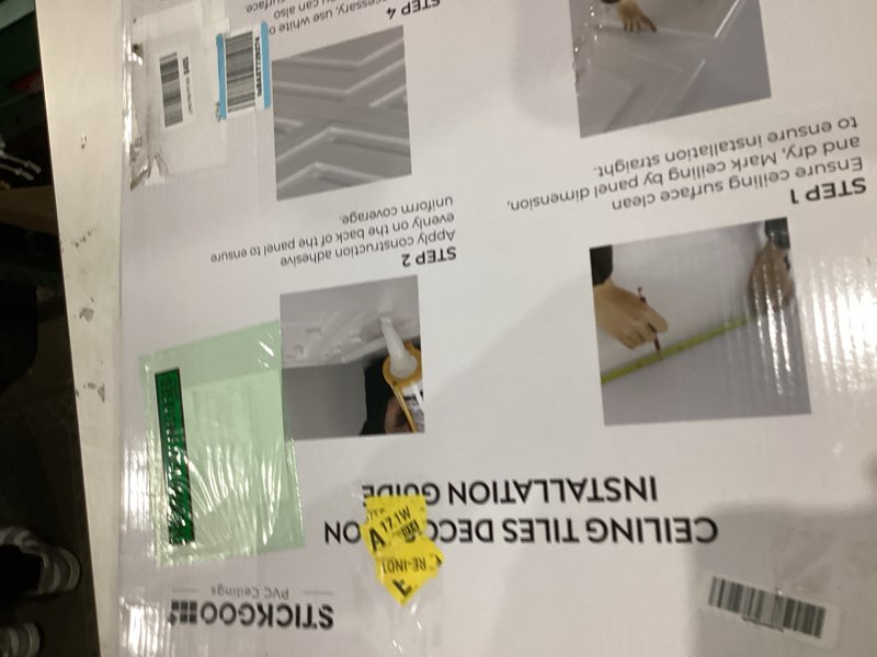 Condition photo showing New/Like New for STICKGOO PVC Ceiling Tiles, 2'x2' Glue Up Ceiling Panel White to Prevent Breakage Cover 48 Sq. Ft, Pack of 12 Tiles 24"x24" White