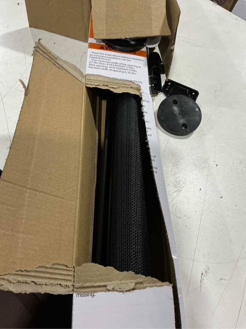 Condition photo showing As Is for veraste retractable baby gate for doorways and stairs, mesh safety gate for pet, indoor & outdoor use, one-hand operation, easy installation, 33.6" tall, expands to 55" wide?black,33.6"x55" 33x55 inch black