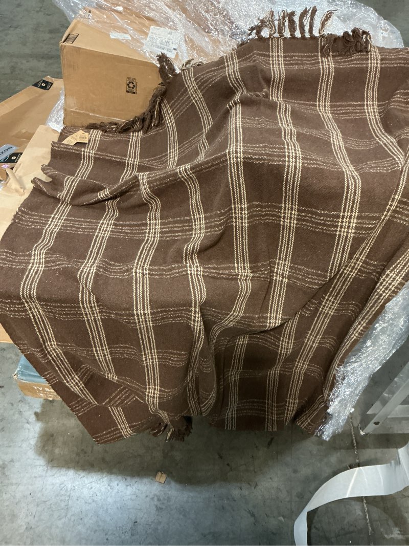 Condition photo showing New/Like New for Creative Co-Op Recycled Cotton Blend Throw Blanket with Fringe, Brown Plaid Brown One Size