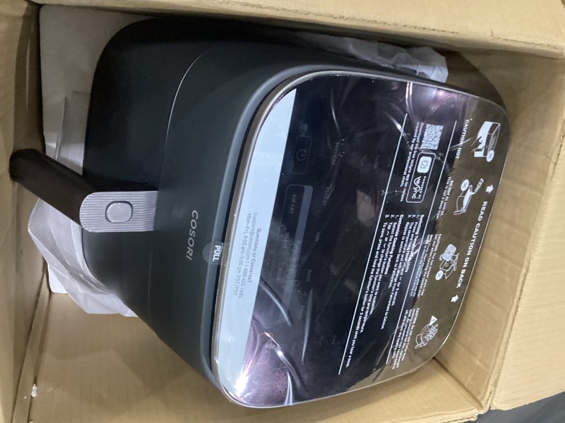 Condition photo showing As Is for cosori 9-in-1 turboblaze air fryer 6 qt, premium ceramic coating, 90°–450°f, precise heating for even results, air fry, roast, bake, broil, dry, frozen, proof, reheat, keep warm, 120v, dark gray dark gray 6qt air fryer