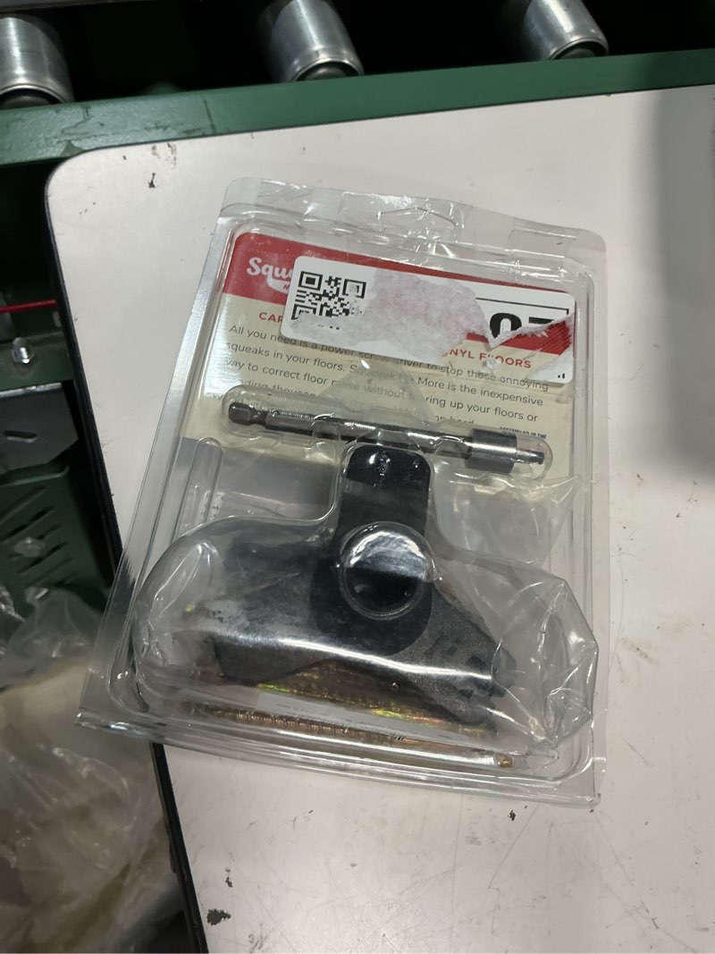 Condition photo showing As Is for squeeek no more squeaky floor repair kit for hardwood, carpet, vinyl & linoleum – complete floor squeak repair kit includes joist finder drill bits, tripod fixture and 50 counter-snap screws