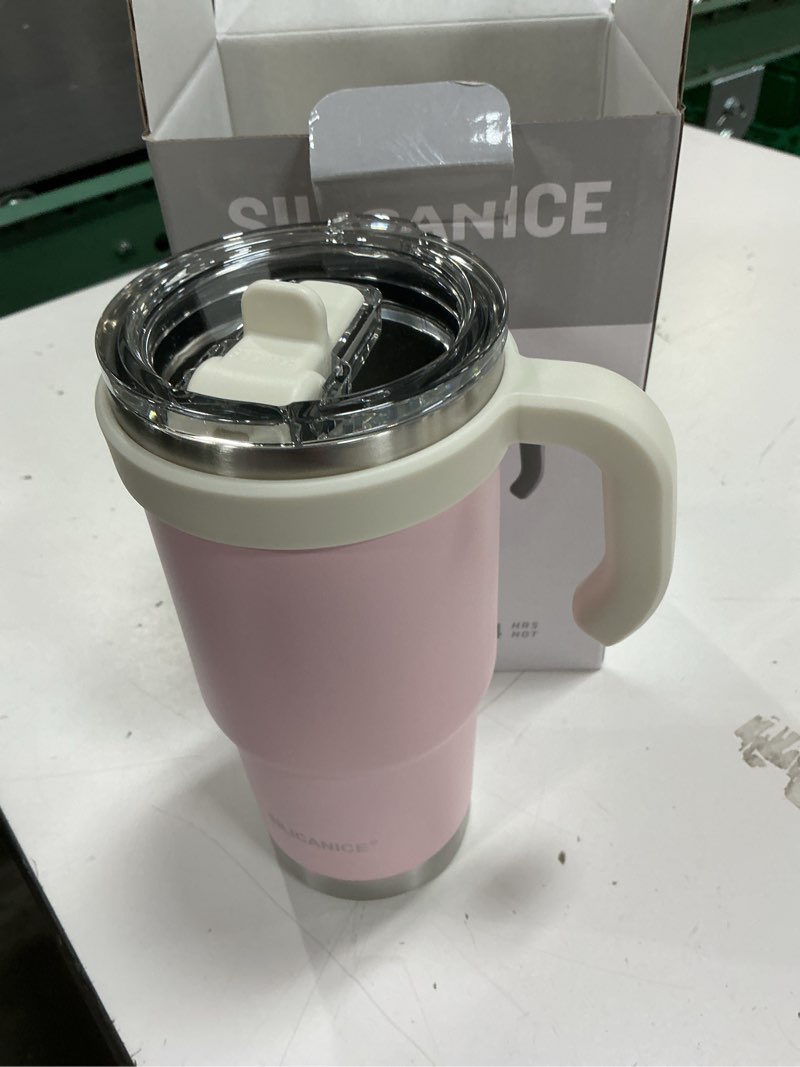 Condition photo showing New/Like New for 24oz hygienic insulated tumbler with handle —100% leakproof lid with removable spout & straw, reinforced vacuum-protection base, cup holder friendly, for travel,office & school-pink sand pink sand 24 ounces
