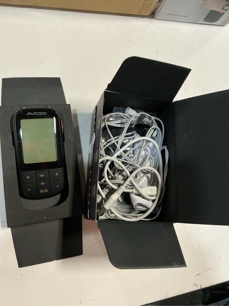 Condition photo showing As Is for avcoo 3-in-1 tens unit muscle stimulator with 30 modes, 40 intensities tens machine for gradual back pain relief therapy, rechargeable ems unit massager with 12 tens electrode pads, a storage bag black