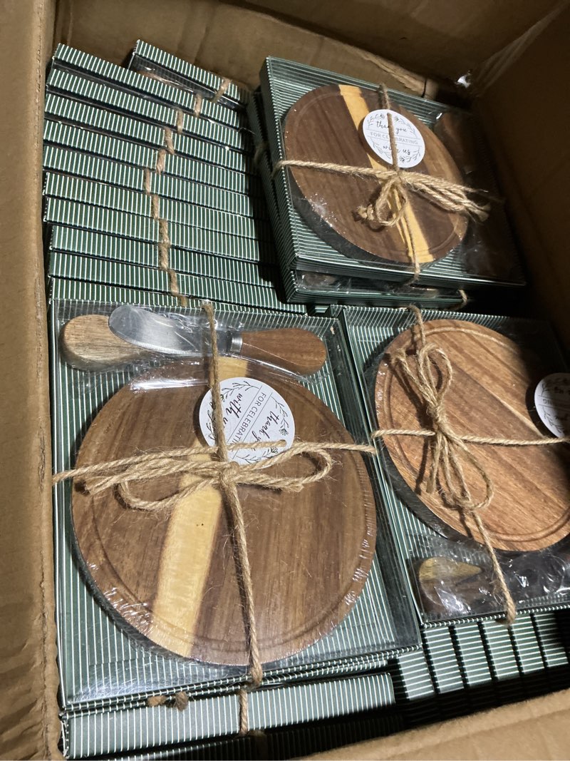 Condition photo showing Good Condition for Maxcheck 50 Sets Baby Shower Bridal Game Prizes for Winners Round Cheese Board Set Wood Mini Charcuterie Board with Knives and Forks Thank You Card with Gift Box for Guests Wedding (Bamboo) 50 Bamboo