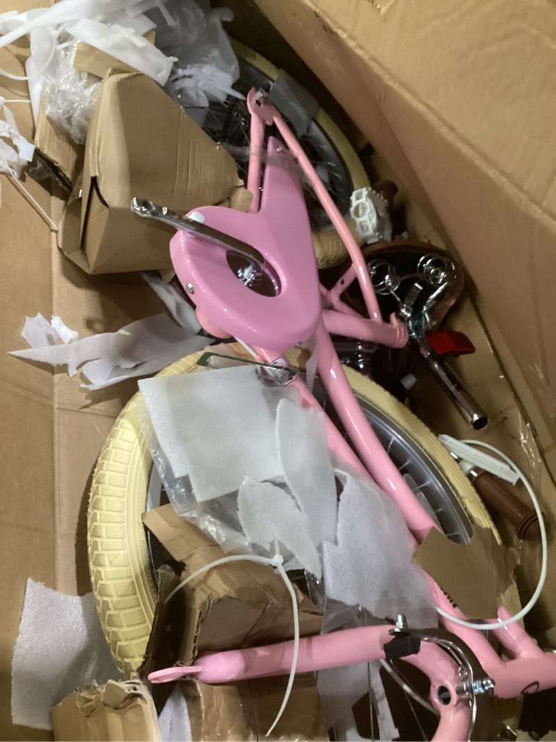 Condition photo showing As Is for petimini vintage kids bike for girls, 12–20 inch classic bicycle with wicker basket & bell, high tensile steel frame, training wheels (12–18”), 85% pre-assembled, retro bike for outdoor riding pink 20 inch with kickstand & dual hand brakes