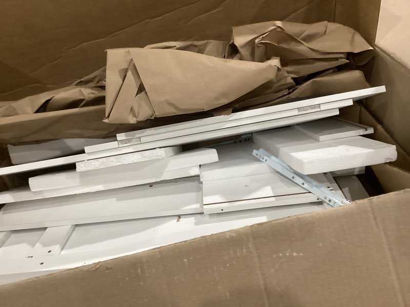 Condition photo showing As Is for Farmhouse Storage Cabinet with 2 Doors, White Kitchen Cabinet with Walnut Countertop, Freestanding Floor Storage Cabinets Hutch Cupboard