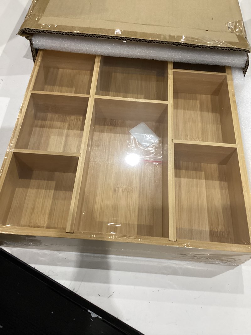 Condition photo showing New/Like New for bamboo drawer organizer with 9 adjustable compartments, office desk organization tray for office utensils, supplies, makeup, jewelry, and more – ideal for desk or drawer storage 9 compartments
