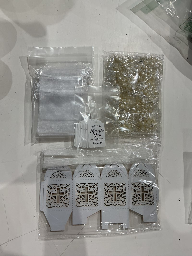 Condition photo showing As Is for 100 pieces baptism favors set includes 25 pieces mini rosary, laser cut baptism favor boxes, white organza bags and 25 pcs thank you tags for bautizo recuerdos christening wedding party supplies silver