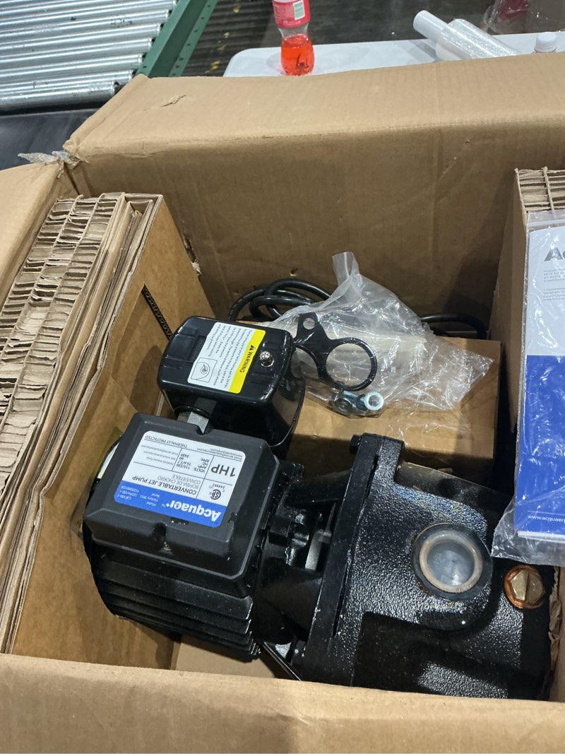 Condition photo showing As Is for acquaer shallow/deep well jet pump, cast iron convertible pump with ejector kit, well depth up to 25ft or 90ft, 115v/230v dual voltage, automatic pressure switch,1hp