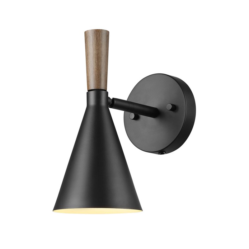 1-Light Black Plug-In Or Hardwire Wall Sconce With Wood-Toned On/Off Rotary Switch On Pivoting Shade