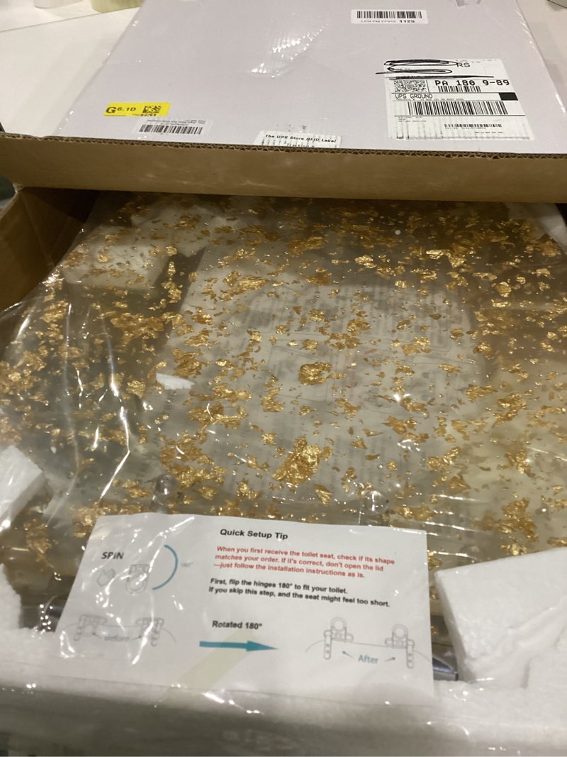 Condition photo showing New/Like New for angol shiold elongated gold resin toilet seat soft close quick release adjustable hinges easy clean heavy duty toilet seats decorative acrylic seats (19 inch, gold foil, upgraded hinge)