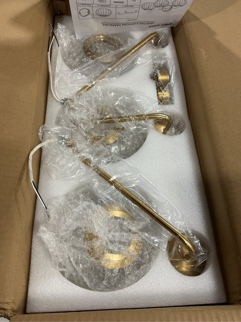 Condition photo showing Good Condition for andy star brushed gold vanity lights, 3 light bathroom light fixtures with clear pumpkin-ribbed glass globe shade, brass vintage striped wall lights, up or down, g9 base (no bulbs) brushed gold 3-light