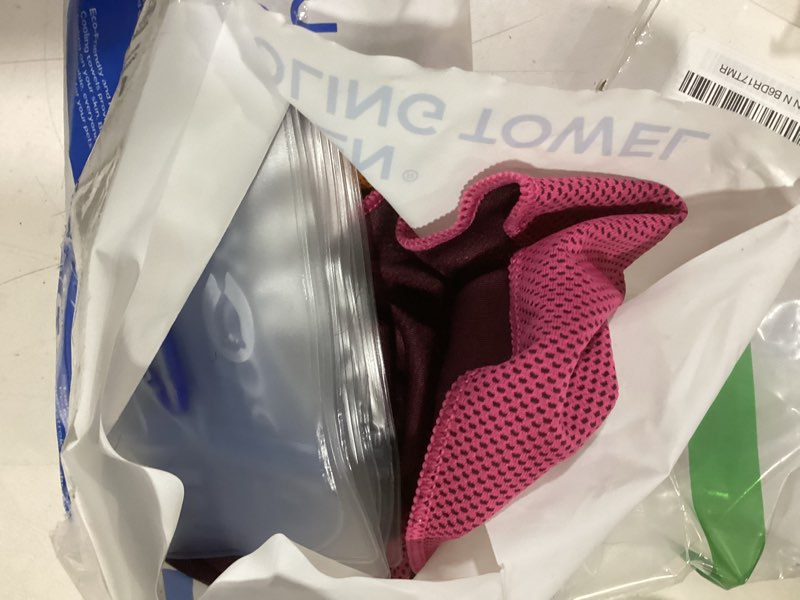 Condition photo showing As Is for sukeen cooling towels 8 pack (40"x 12"), cooling towels for neck and face, microfiber breathable towel for hot weather, sweat towel for gym, sport, yoga, golf, workout, camping, running dark blue+blue+lake blue+pink+purple+orange+grey+black