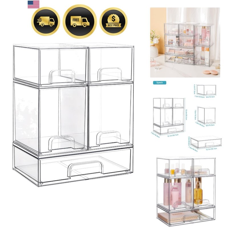 Stackable Storage Drawers Set of 5 Clear Plastic Organizers for Vanity Bathroom 