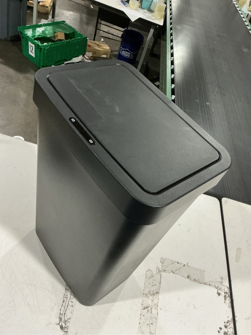 Condition photo showing As Is for eko | 50l kitchen trash can with automatic sensor and soft close | black battery operated trash can | anti-fingerprint finish, non-slip base and bag holder | modern and quiet design
