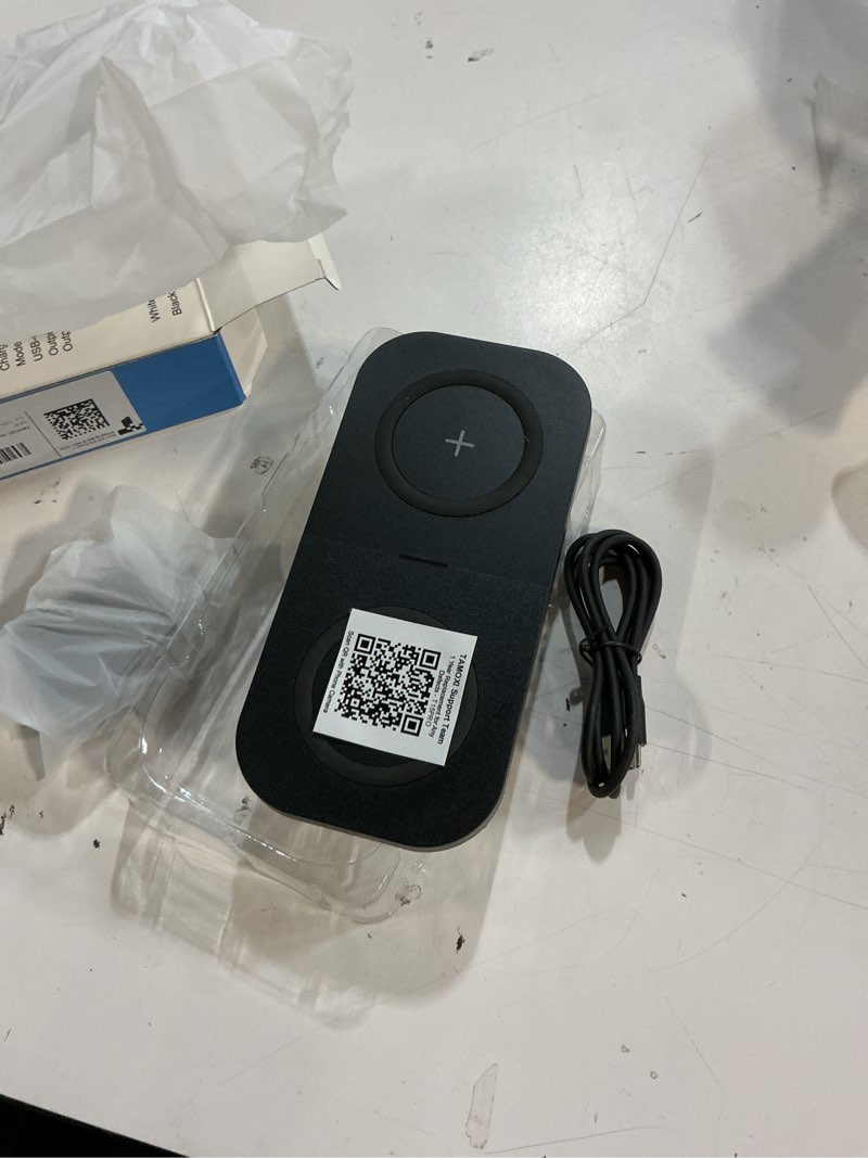 Condition photo showing Good Condition for wireless charger, 10w max dual charging pad for iphone 17/16/15/14/13/12/11/xr/x/8, airpods 4/3/2/pro, samsung galaxy s25/s24/s23/s22/s21, qc 24w adapter, charging adapter 2 in 1 black