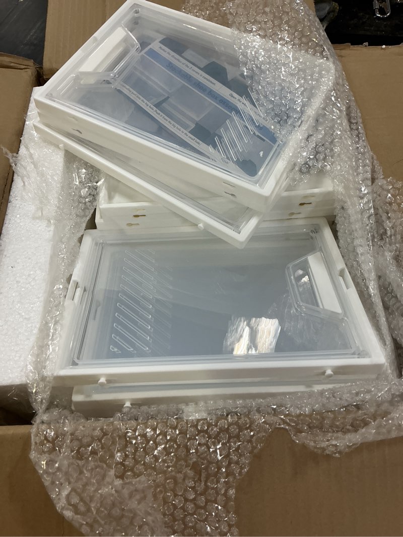 Condition photo showing As Is for shoe storage, 12 pack x-large shoe organizer for closet, shoe boxes clear plastic stackable shoe storage boxes for size 13 white