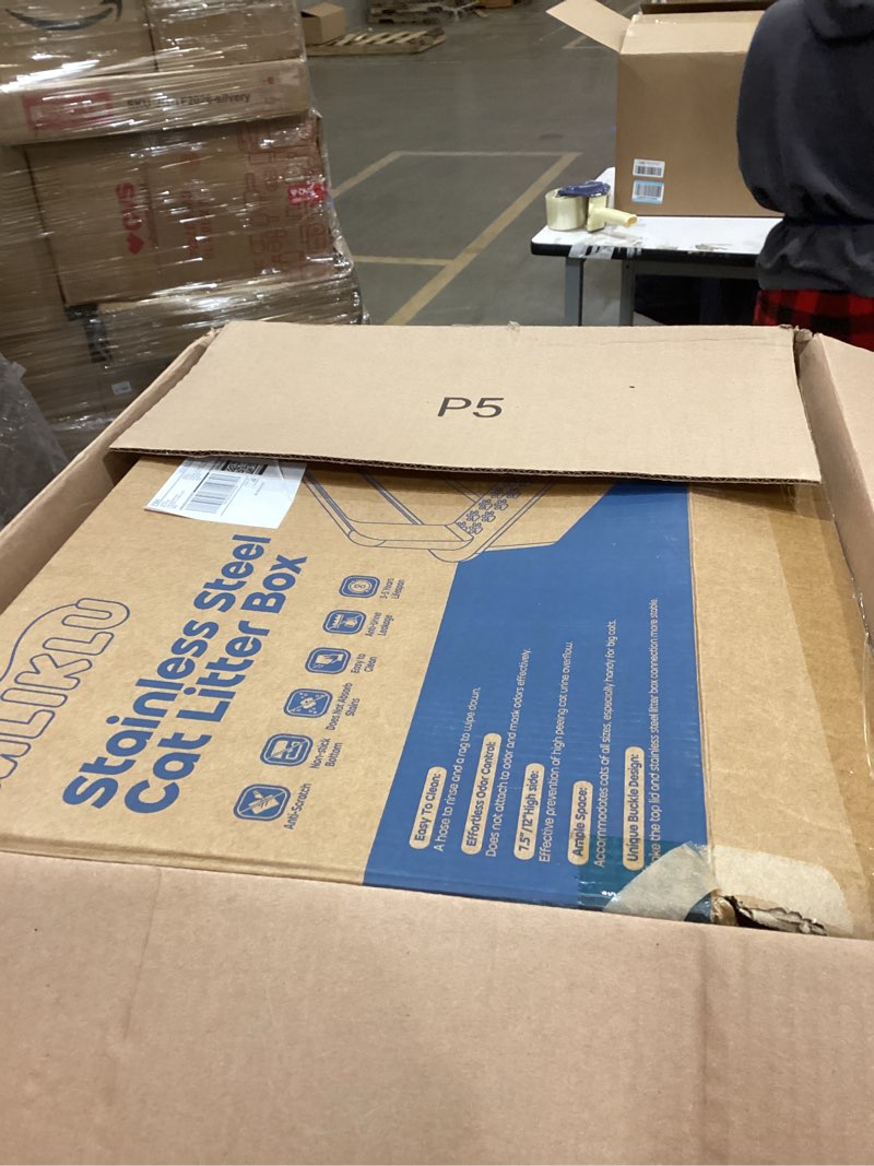 Condition photo showing As Is for Stainless Steel Cat Litter Box, Extra Large Enclosed Litter Boxs for Big Cats, XL Metal Litter Box with Lid, High Sided, Non Stick, No Smell, Easy to Clean, Included Scoop