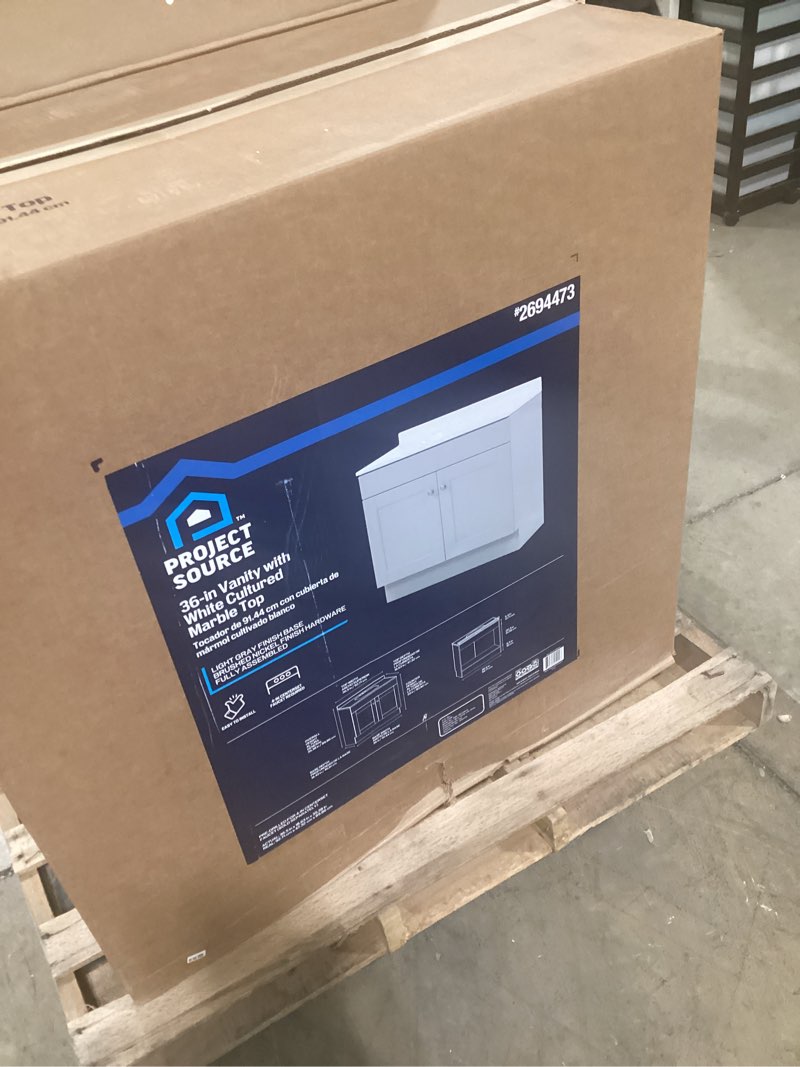 Condition photo showing As Is for Project Source 37-in x 22-in White Cultured Marble Single Sink 4-in Centerset Faucet Mount Bathroom