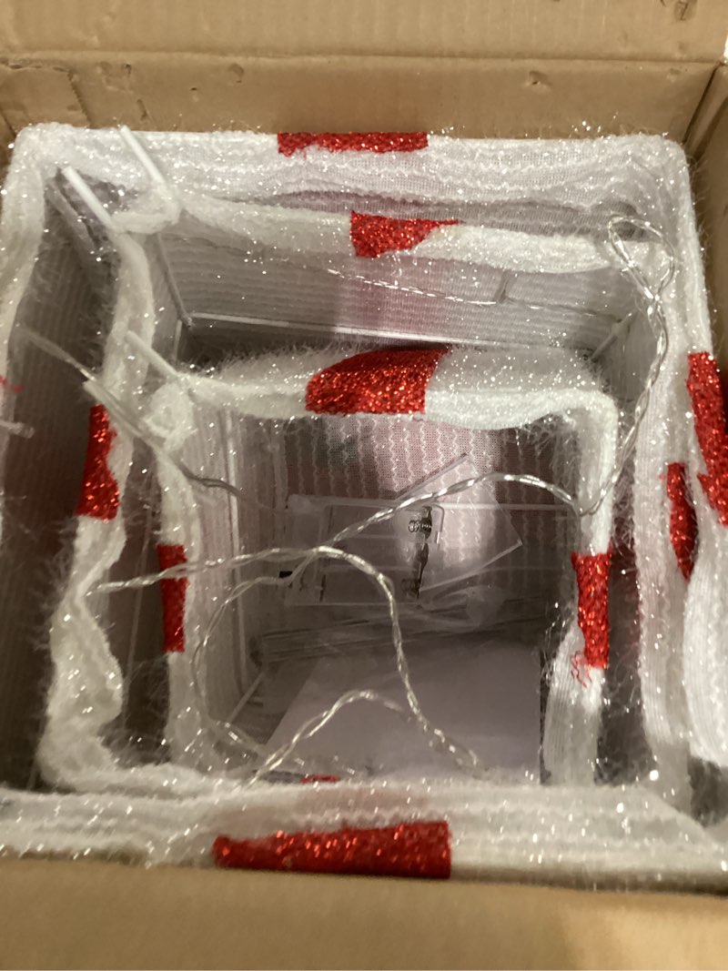 Condition photo showing New/Like New for Pinkunn 3D 2.8 ft Lighted Gift Boxes Outdoor Decorations Set of 3, 50 LED Stackable Nesting Gift Boxes Battery Operated for Winter Outdoor Decoration(Red, White,Box Style) Red, White Box Style