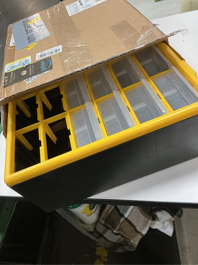 Condition photo showing As Is for Akro-Mils 10124 24 Drawer Plastic Parts Storage Hardware and Craft Cabinet, 20-Inch W x 6-Inch D x 16-Inch H, Yellow