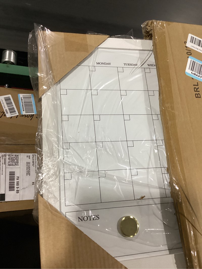 Condition photo showing New/Like New for martha stewart everette magnetic dry erase monthly calendar and cork board combo with included marker, magnets, and push pins, 24"x18", white woodgrain frame