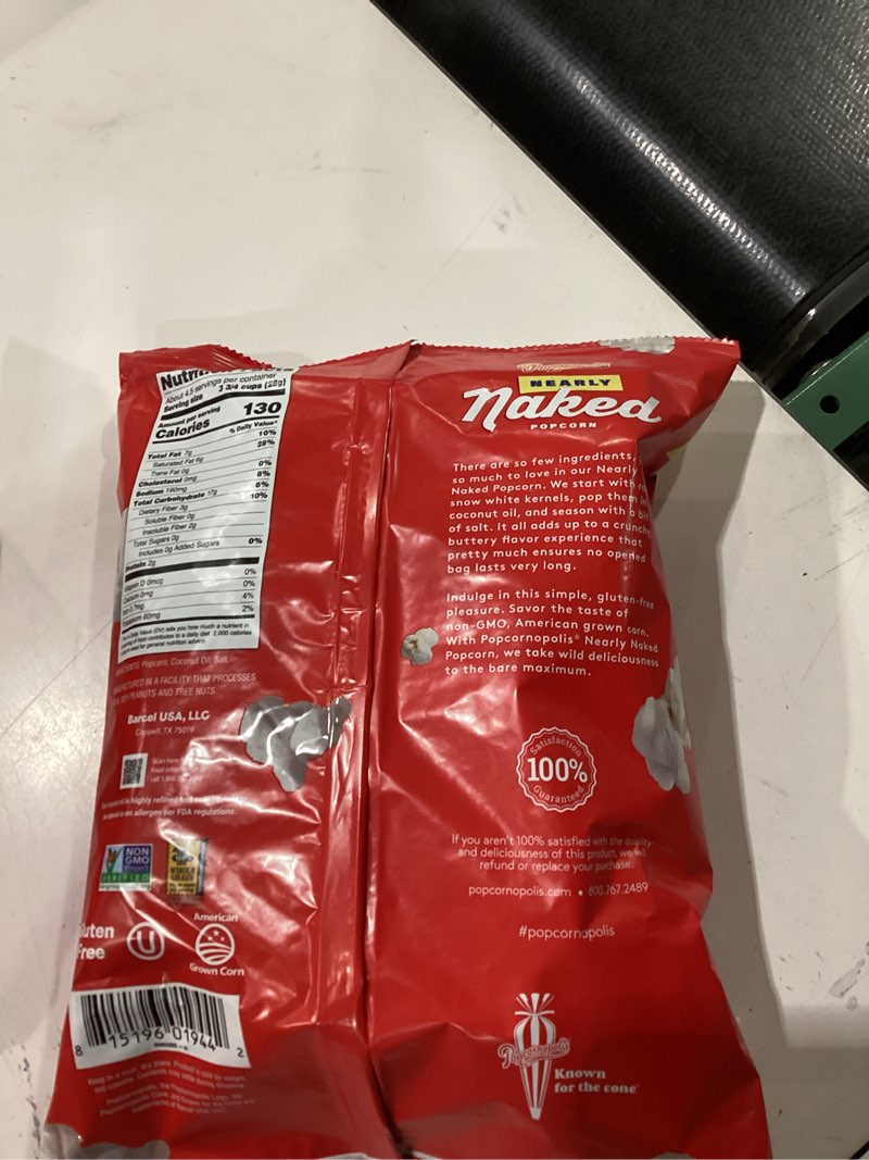 Condition photo showing New/Like New for best by 5/13/26***popcornopolis gourmet popcorn, nearly naked perfectly salted, sharing size bag - simple ingredients,