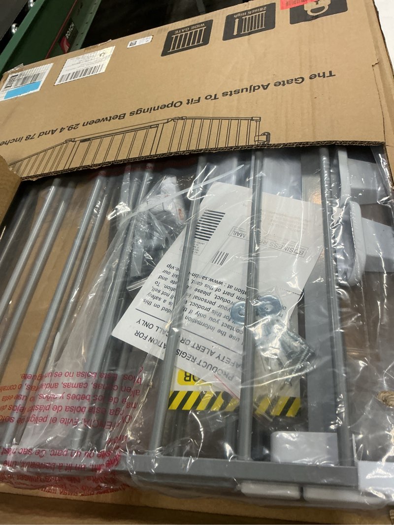 Condition photo showing New/Like New for 78" Extra Wide Baby Gate, Dog Gates Indoor for Doorways Stairs, Essential Safety Gate for Child, Hardware Mounted Adjustable Pet Gate with Anti-Trip Pedal, 28'' Tall 3 Metal Panels Grey Gray 78" Wide