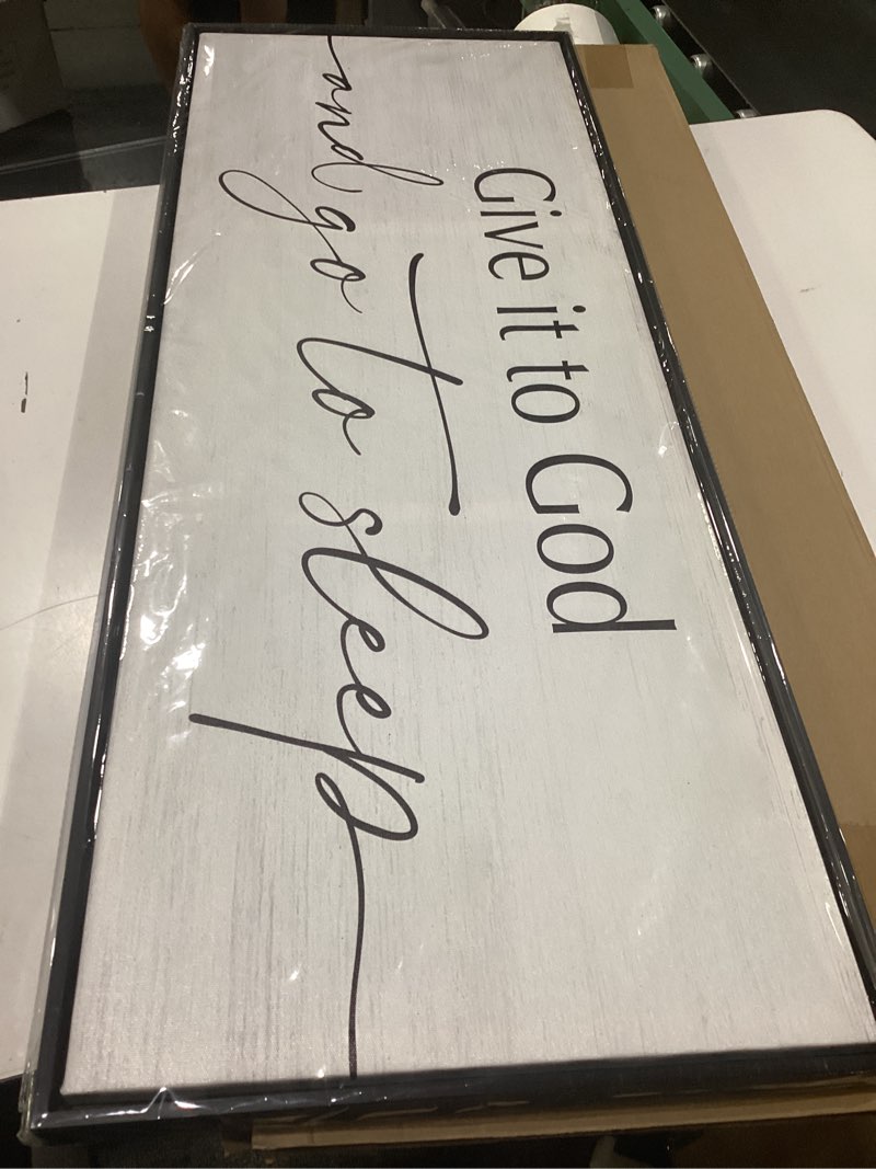 Condition photo showing New/Like New for give it to god and go to sleep sign canvas wall art, bedroom decor 40"x15" | large, rustic farmhouse signs, above bed, for master/guest bedroom over the bed give it to god and go to sleep 15"×40"