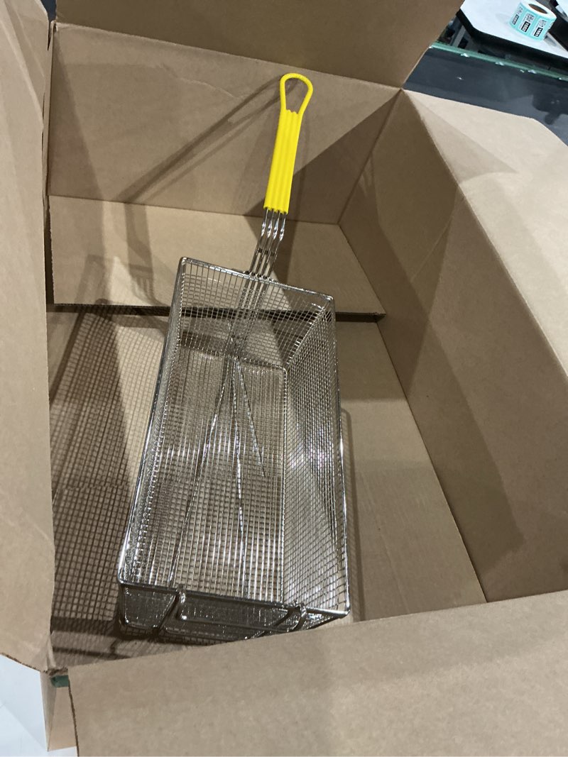 Condition photo showing As Is for truecraftware-17" x 8-1/4" x 6-3/4" rectangular deep fry basket with hook heavy duty nickel plated iron with yellow coated handle