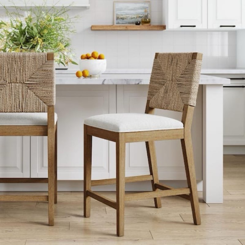 Beacon Bohemian Boucle Bar Stool, Upholstered Counter Height Chair with Solid Wood Frame and Woven Seagrass Back - Set of