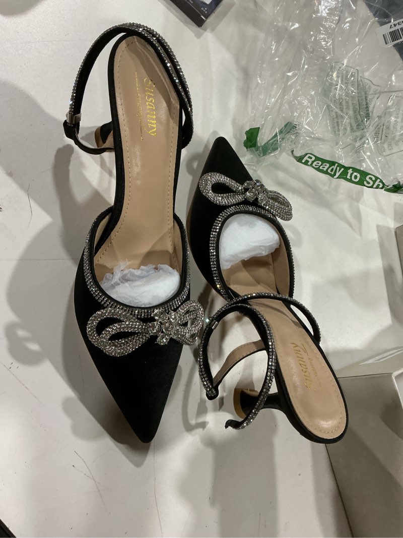 Condition photo showing As Is for women's closed toe rhinstone wedding low heel slingback clear kitten heels,adjustable strap pointed toe bow pumps high heeled prom dress shoes