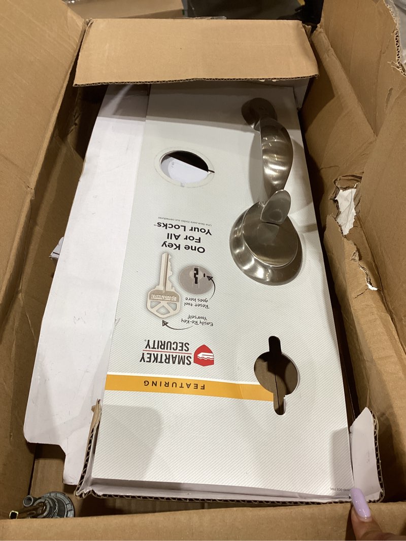 Condition photo showing As Is for Kwikset Chelsea Front Door Lock Handle and Deadbolt Set, Entry Handleset Exterior with Interior Door Knob, Lifetime Polished Brass, Pick Resistant SmartKey Rekey Deadbolt Security