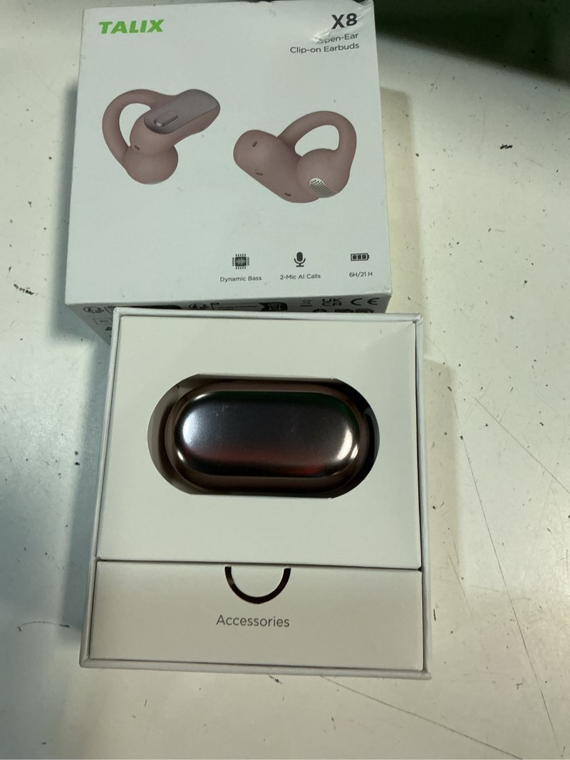 Condition photo showing Good Condition for talix open ear clip-on earbuds x8 with ai enc & powerful bass, wireless bluetooth 6.0, ipx4 sweatproof fitness headphones, physical buttons, 5g lightweight ear buds with multi-device switching, pink