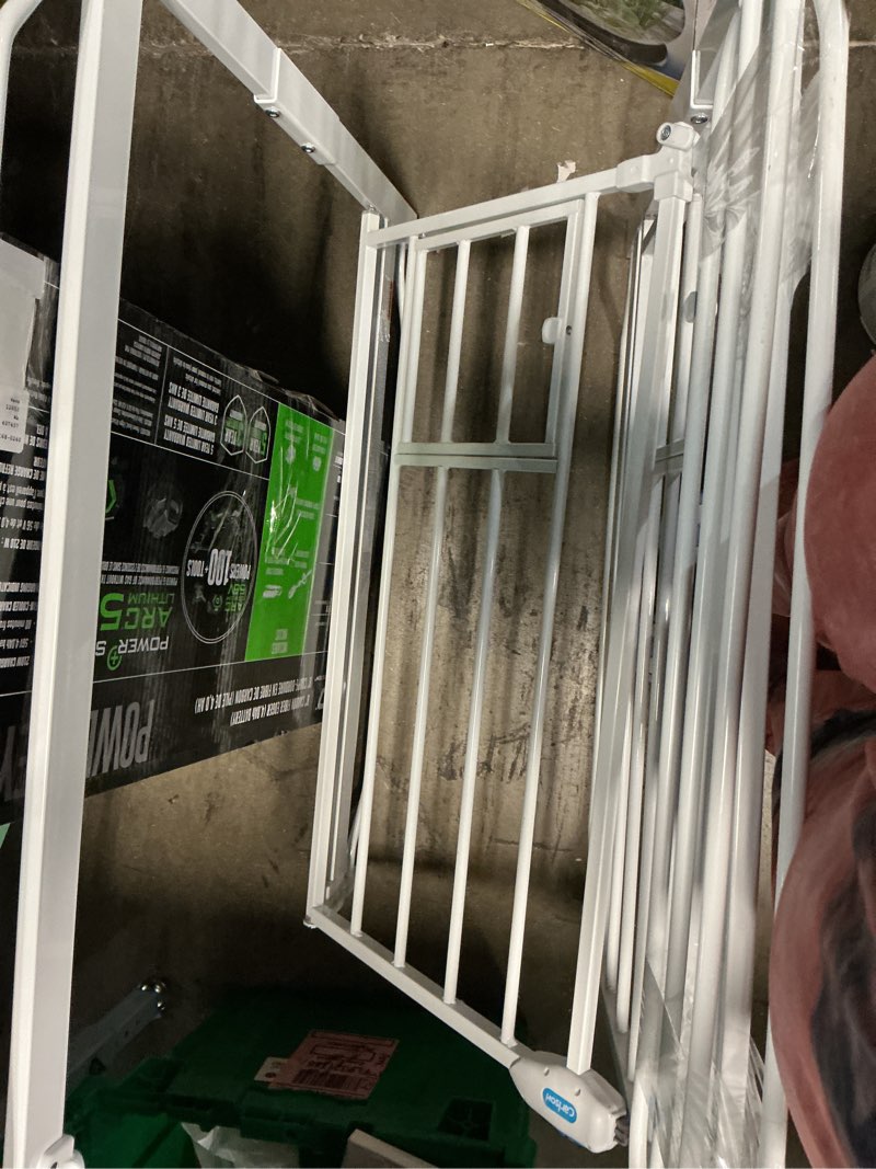 Condition photo showing As Is for regalo safety 29-38.5" baby gate for doorways & bottom of stairs, pressure mounted baby gate with door for babies, toddlers & pets, tested & safe for 30 years, american designed, american owned, white white 29-38.5"w x 30"h
